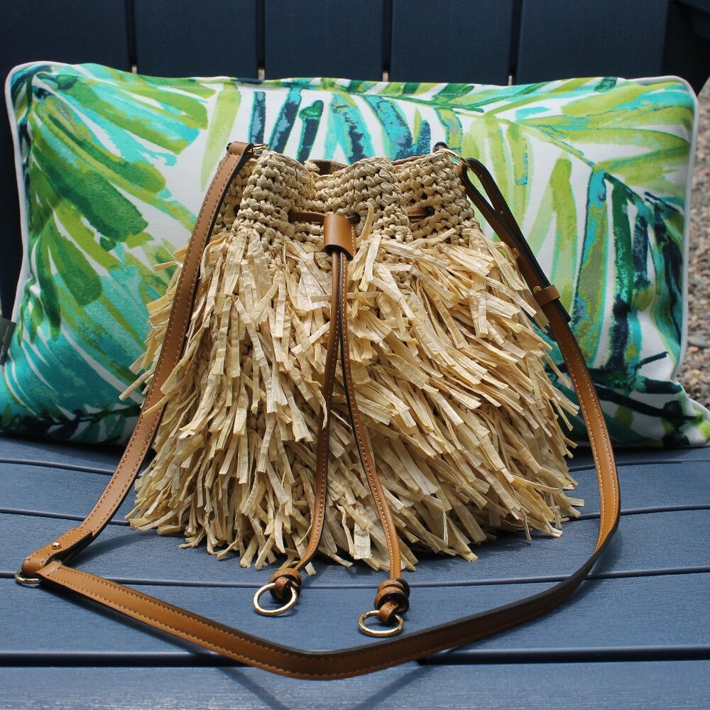Ulla Johnson Gigi Straw Fringe Drawstring Bucket Bag EUC MSRP $625